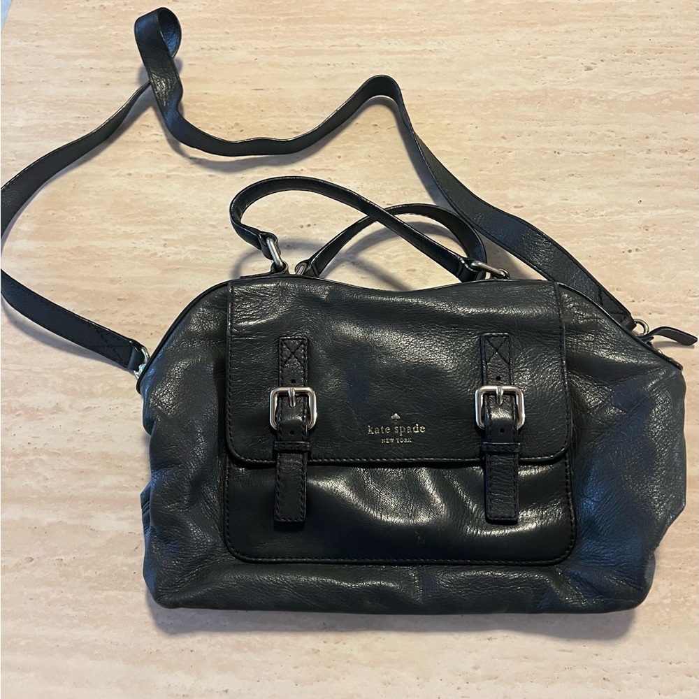 Kate Spade Black Leather Satchel with Buckle Accents